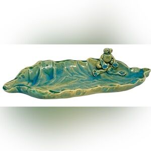 Vintage MTL Signed Art Pottery Frog Leaf Tray Green Blue Drip Glaze 10.25"